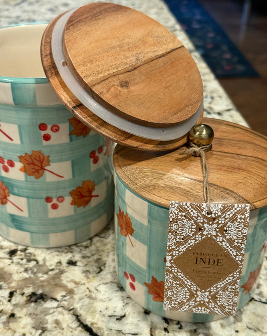 New 2-piece 8” & 5.25” ceramic fall teal & orange leaf printer Made in India Canister set