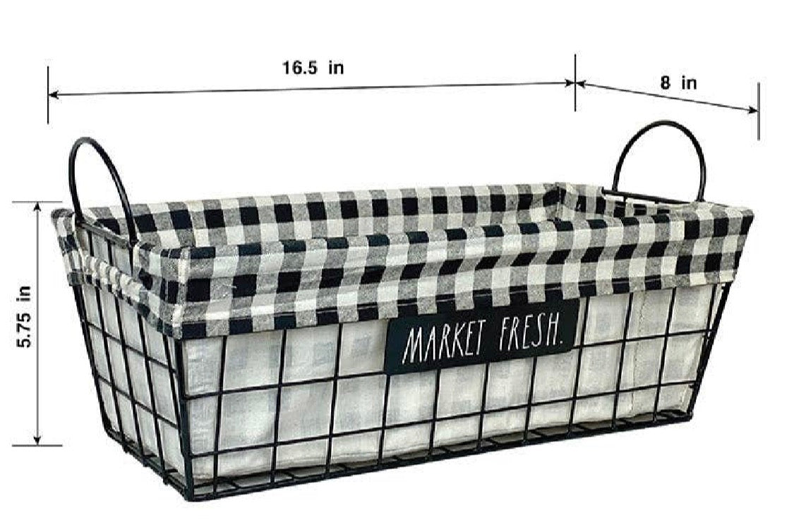 New Rae Dunn MARKET FRESH Metal Black Wire Baskets Lined with plaid fabric