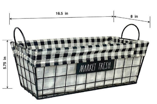 New Rae Dunn MARKET FRESH Metal Black Wire Baskets Lined with plaid fabric
