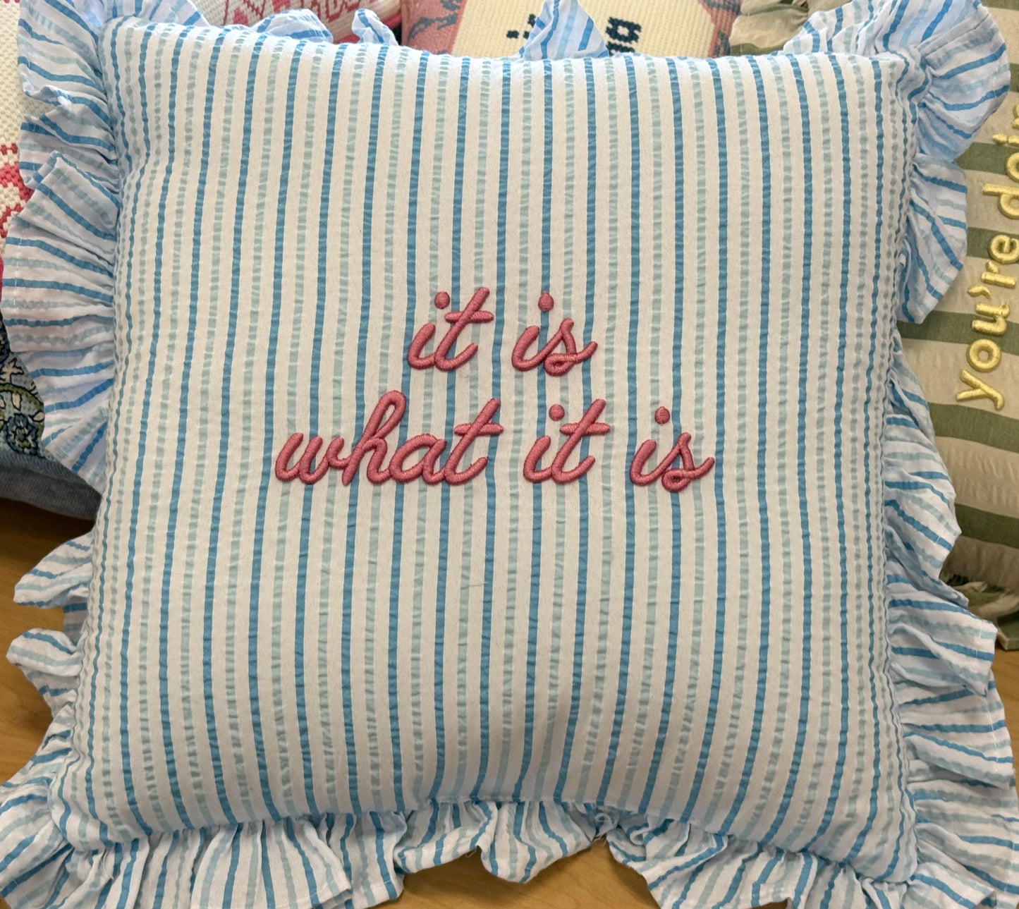 New blue striped ruffled edge throw pillow 12x12 IT IS WHAT IT IS