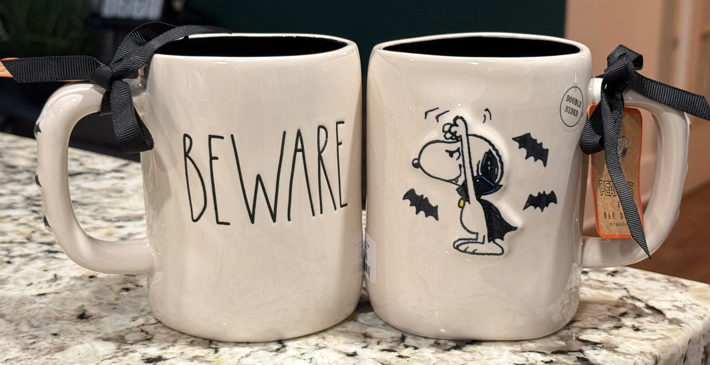 New Rae Dunn x Peanuts Snoopy ceramic Halloween coffee mug BEWARE