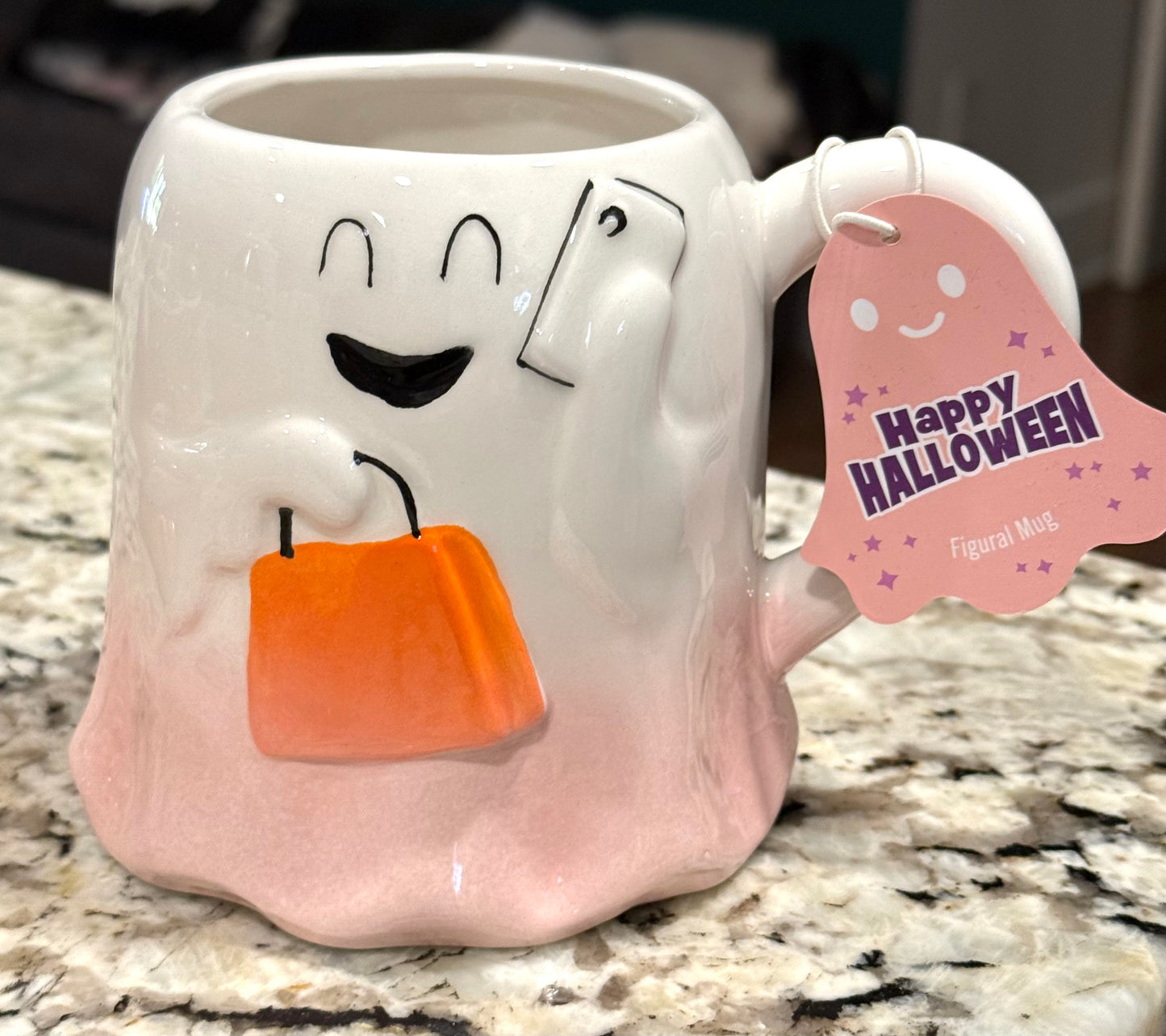 New white & pink ghost shopping bag ceramic coffee mug Halloween decor