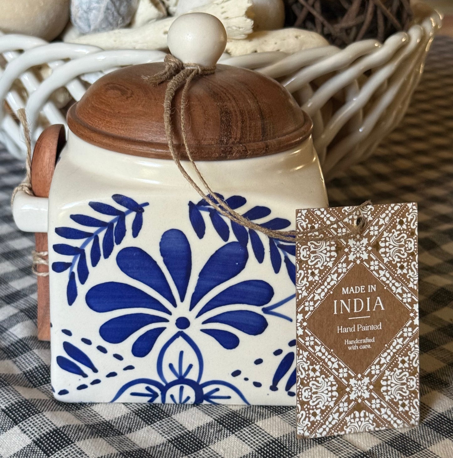 New Made in India ceramic 5.26” blue floral storage jar with wood spoon