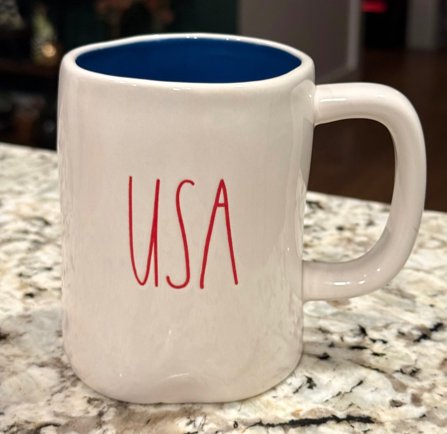 New Rae Dunn Americana white ceramic blue interior coffee mug USA