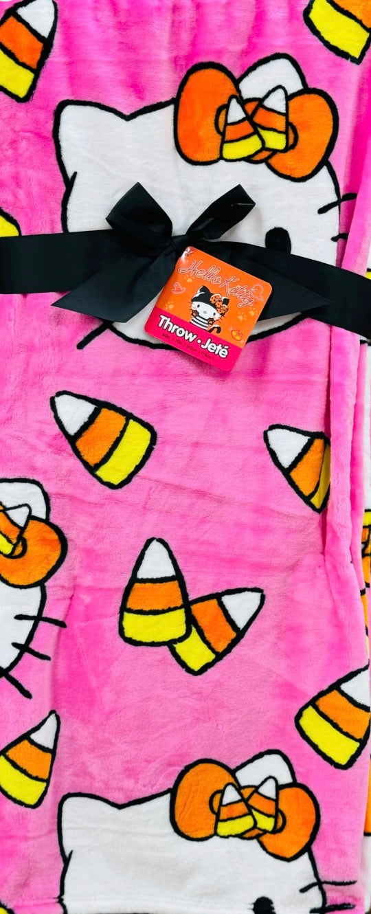 New Hello Kitty Plush Jute Throw Blanket pink Candy Corn fall decor 60x70