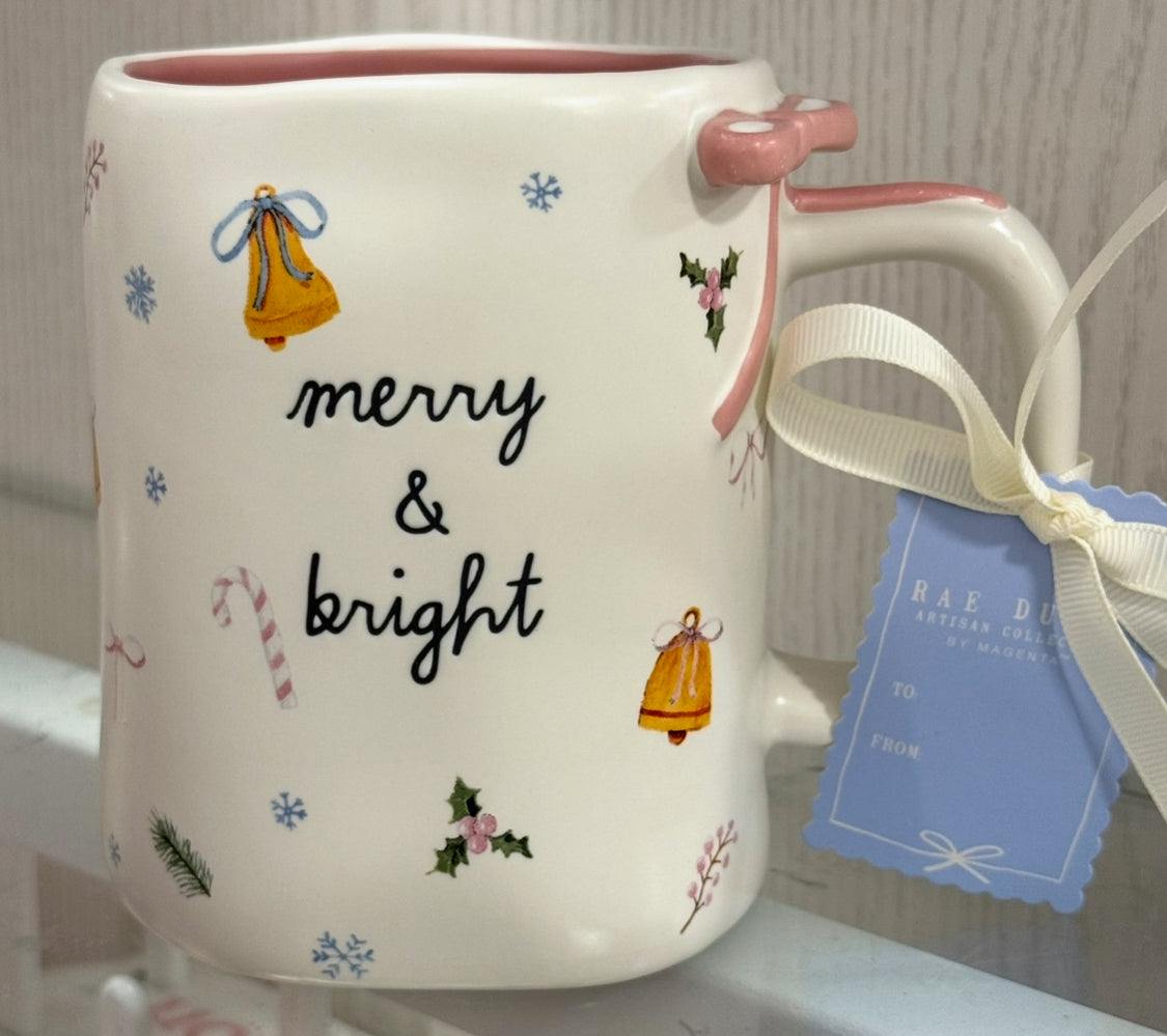 New Rae Dunn ceramic Christmas coffee mug MERRY AND BRIGHT