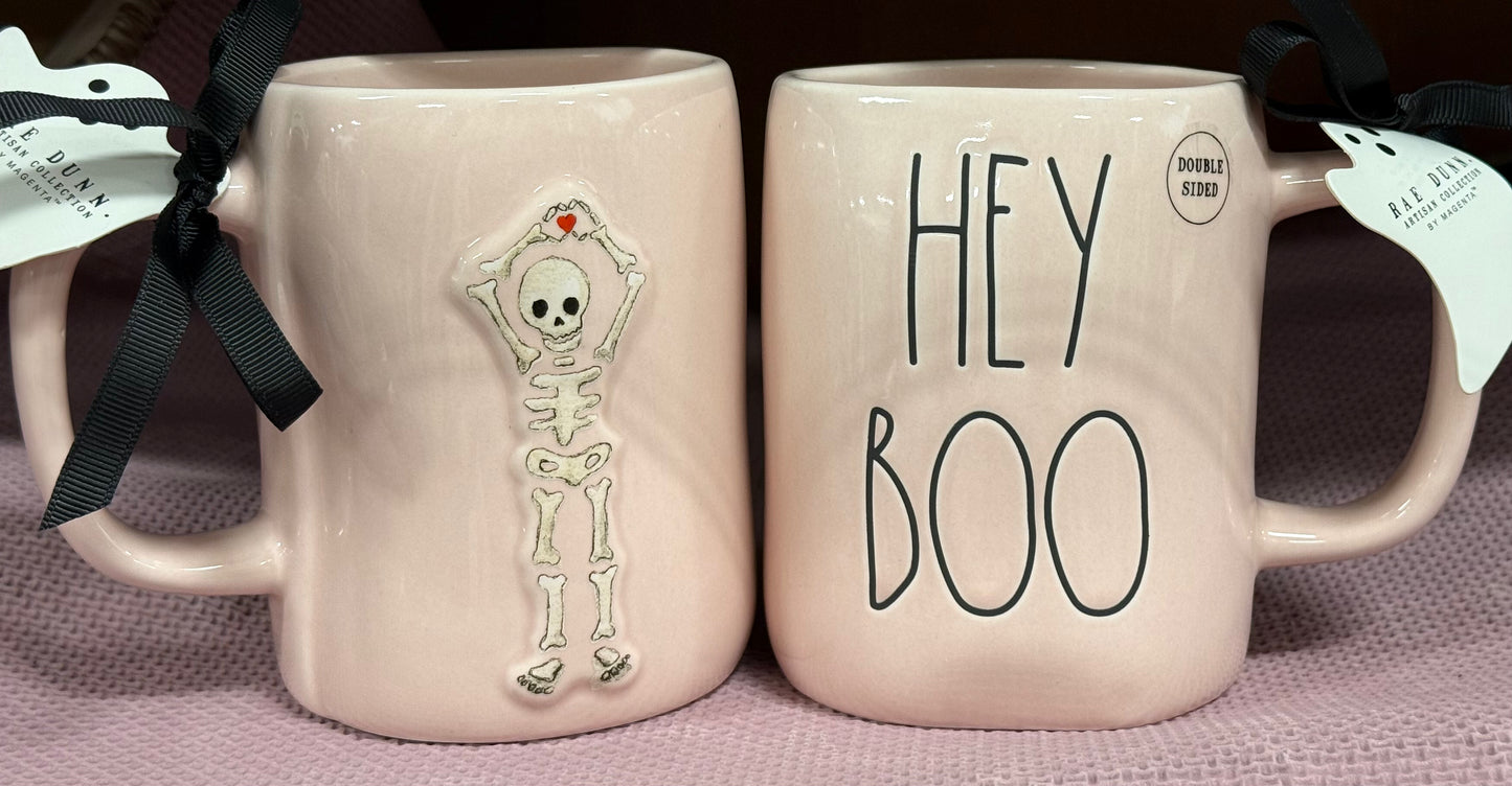 New Rae Dunn pink ceramic Halloween coffee mug HEY BOO