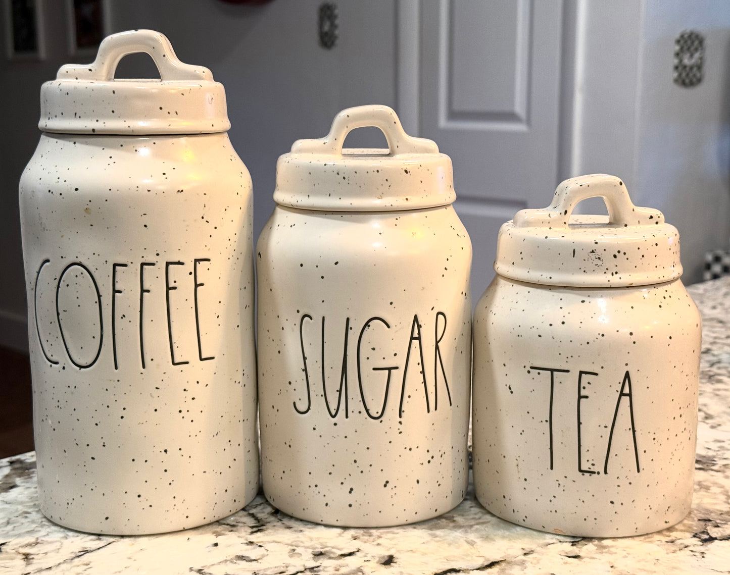 New Rae Dunn white speckled (black) 3-piece canister set COFFEE SUGAR TEA