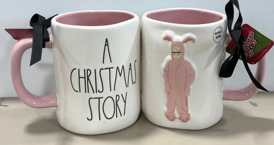 New Rae Dunn x A CHRISTMAS STORY ceramic coffee mug /Ralphie in bunny suit on back