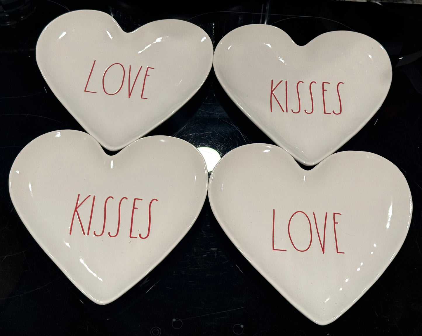 New Rae Dunn white ceramic 4-piece heart shaped plate set LOVE/KISSES