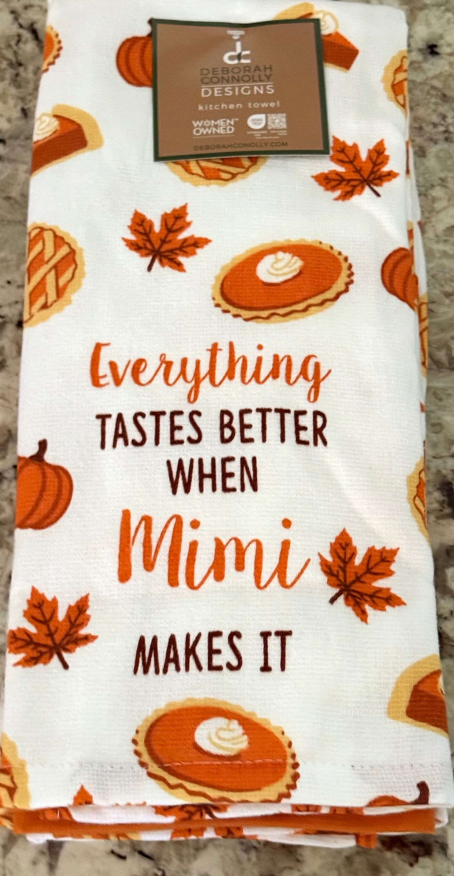 New 3-piece Deborah Connollly Designs EVERYTHING TASTES BETTER WHEN MIMI MAKES IT fall kitchen towel set