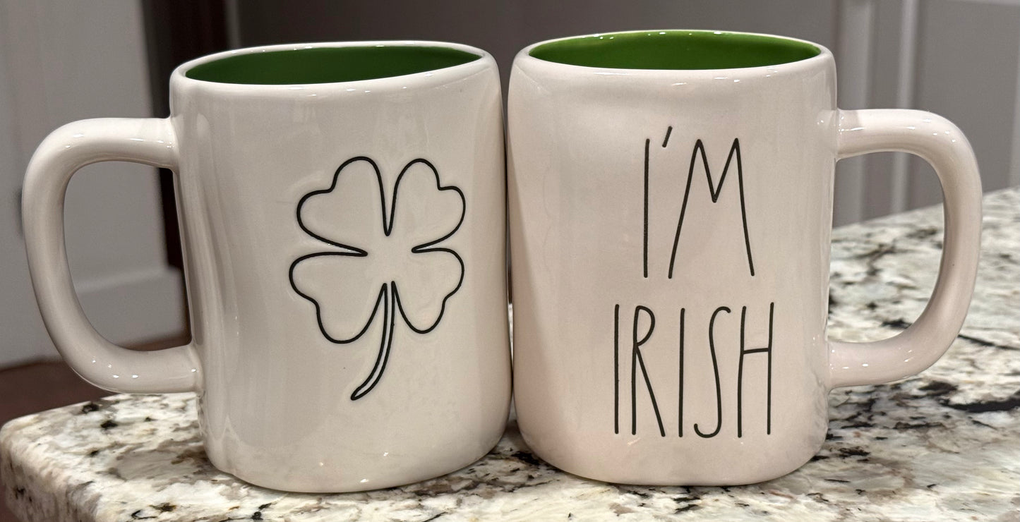 New Rae Dunn green interior white ceramic St. Patrick’s Day shamrock on back I’M IRISH