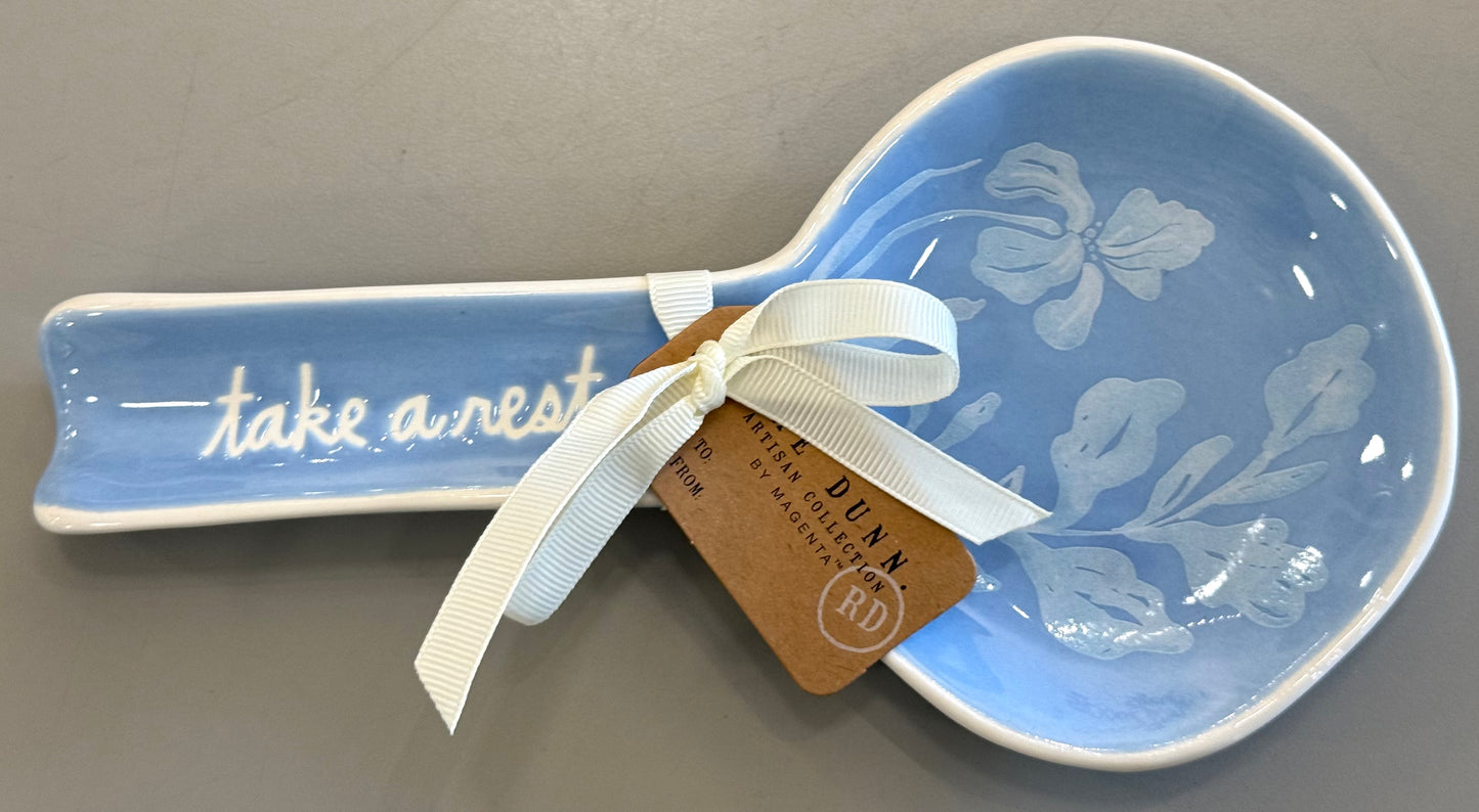 New Rae Dunn ceramic blue floral spoon rest TAKE A REST