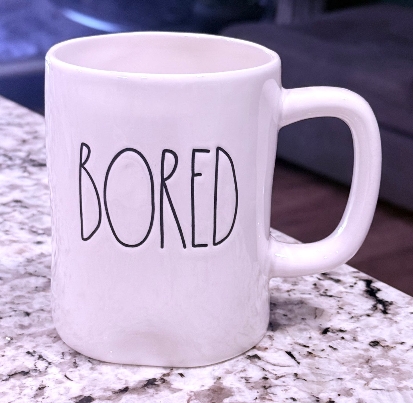 Rae Dunn white ceramic coffee mug BORED