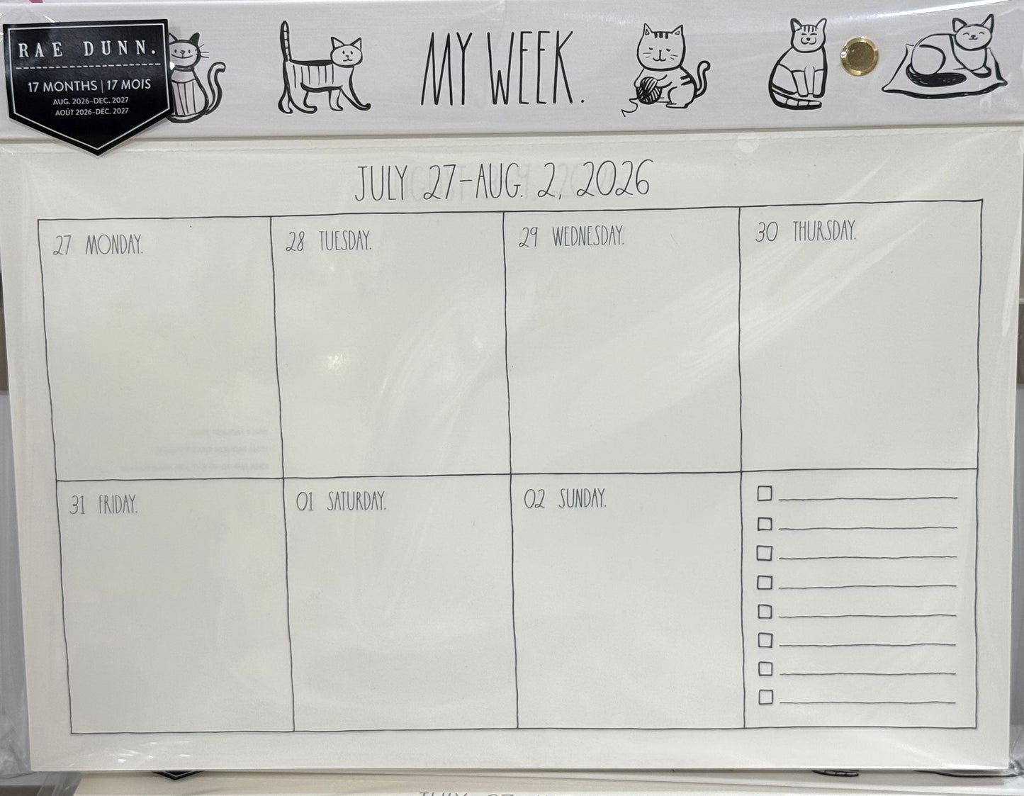 New Rae Dunn 8x10 weekly 2026-2027 cat themed MY WEEK tear off calendar