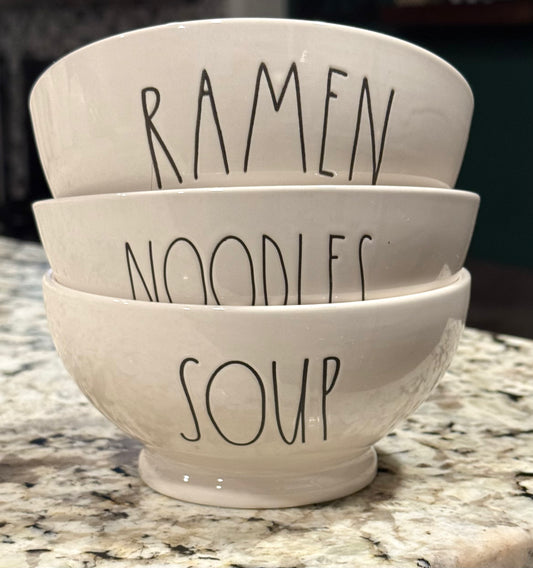 New Rae Dunn white ceramic 3-piece bowl set RAMEN, NOODLES, SOUP