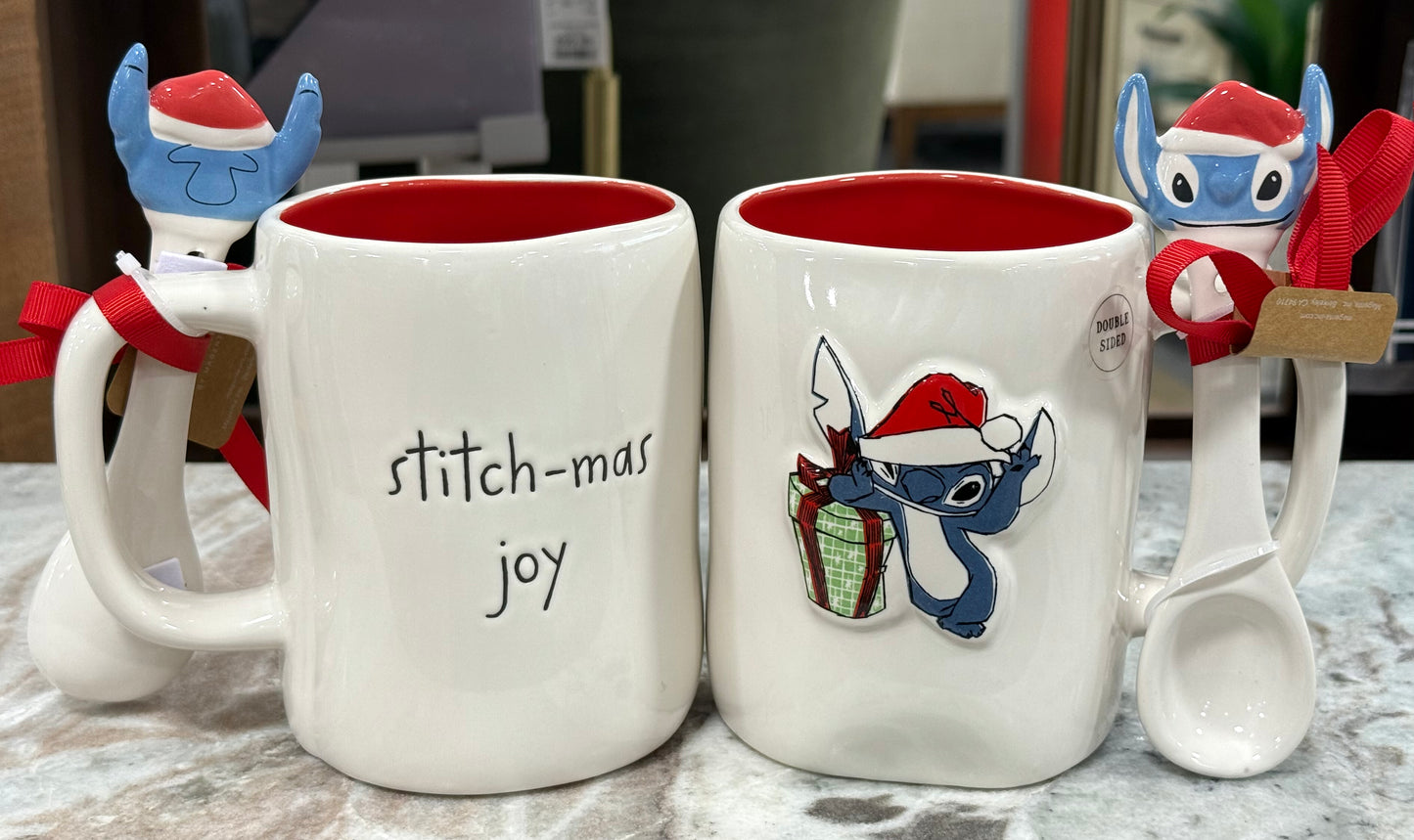 New Rae Dunn x Lilo & Stitch ceramic Christmas mug STITCH-MAS JOY with spoon
