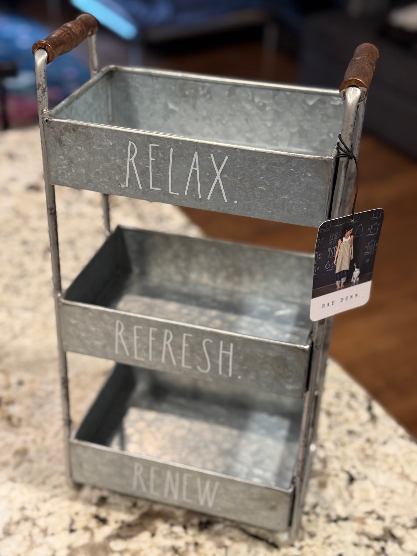 New metal Rae Dunn 3-tiered storage cart RELAX. REFRESH. RENEW.