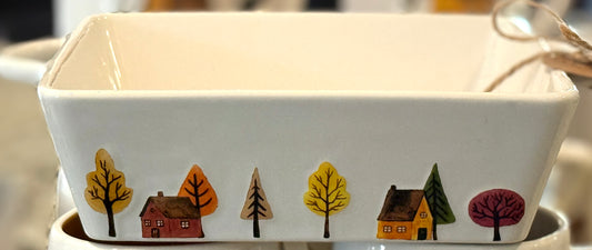 New Rae Dunn white ceramic fall baking pan 8x8 handles 10.5 HARVEST BLESSINGS