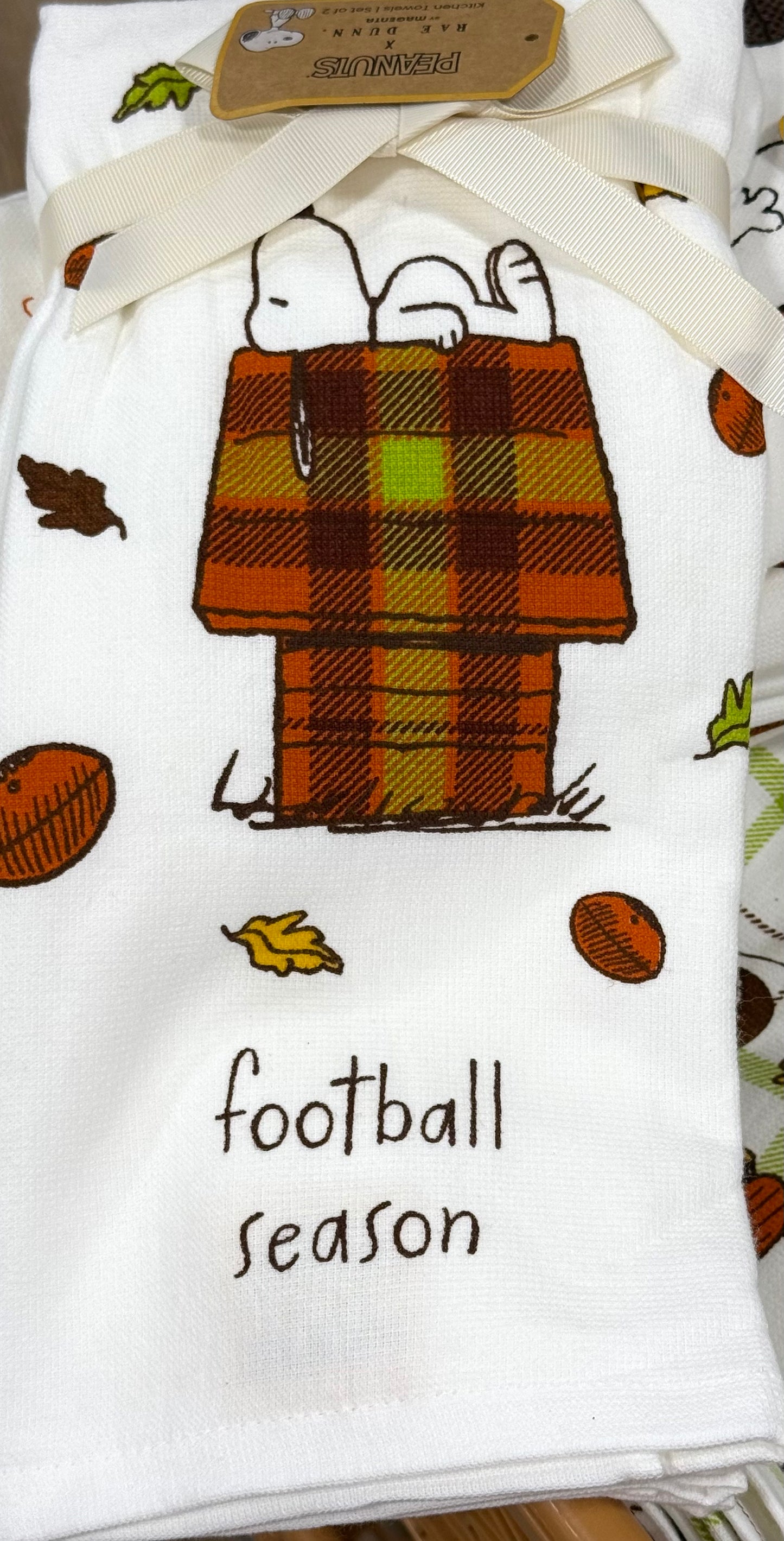 New Rae Dunn 2-piece plaid house Peanuts Snoopy football kitchen fall decor dish towel set FOOTBALL SEASON