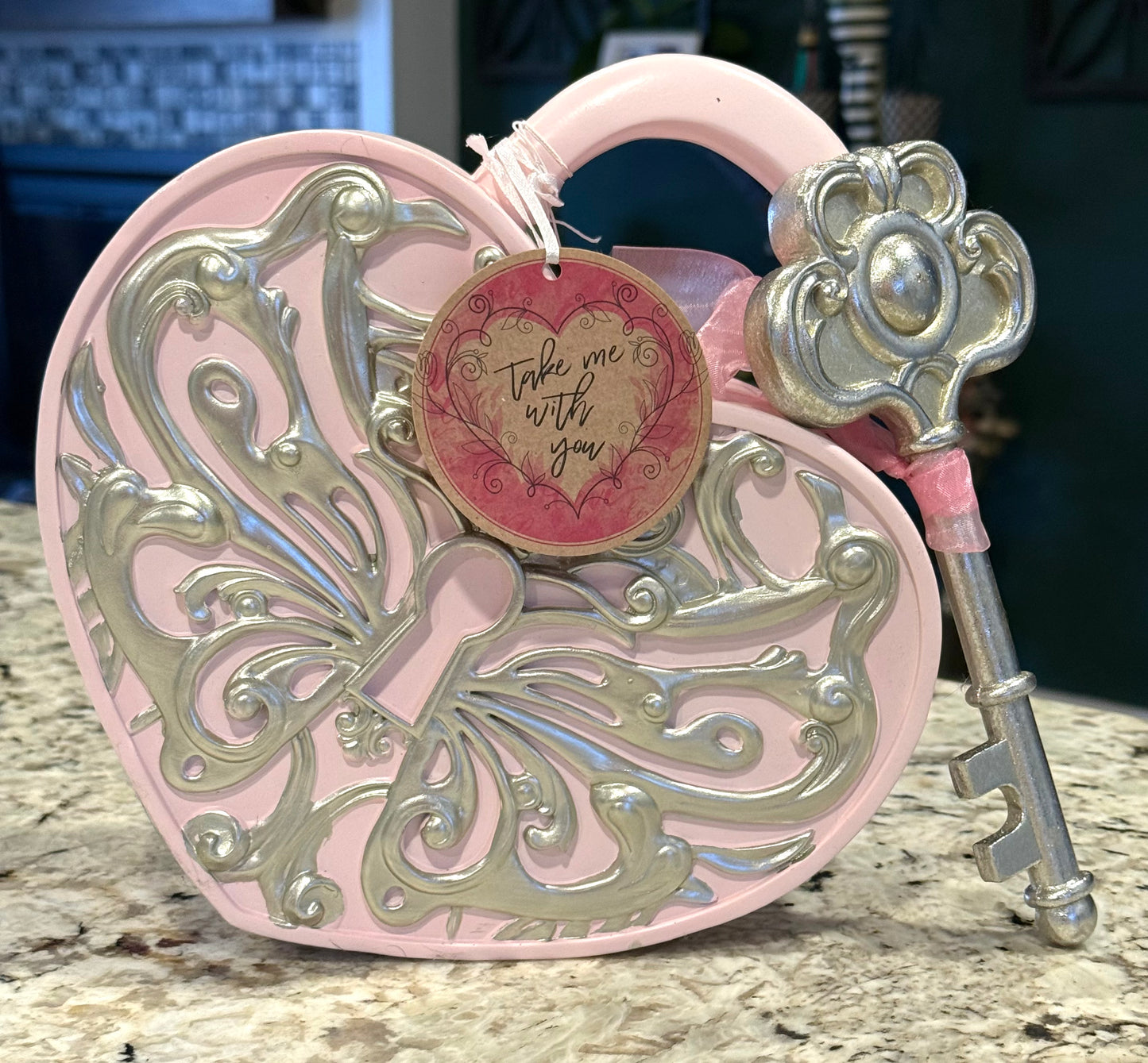 New pink and silver resin heart and key Valentines Day decor piece