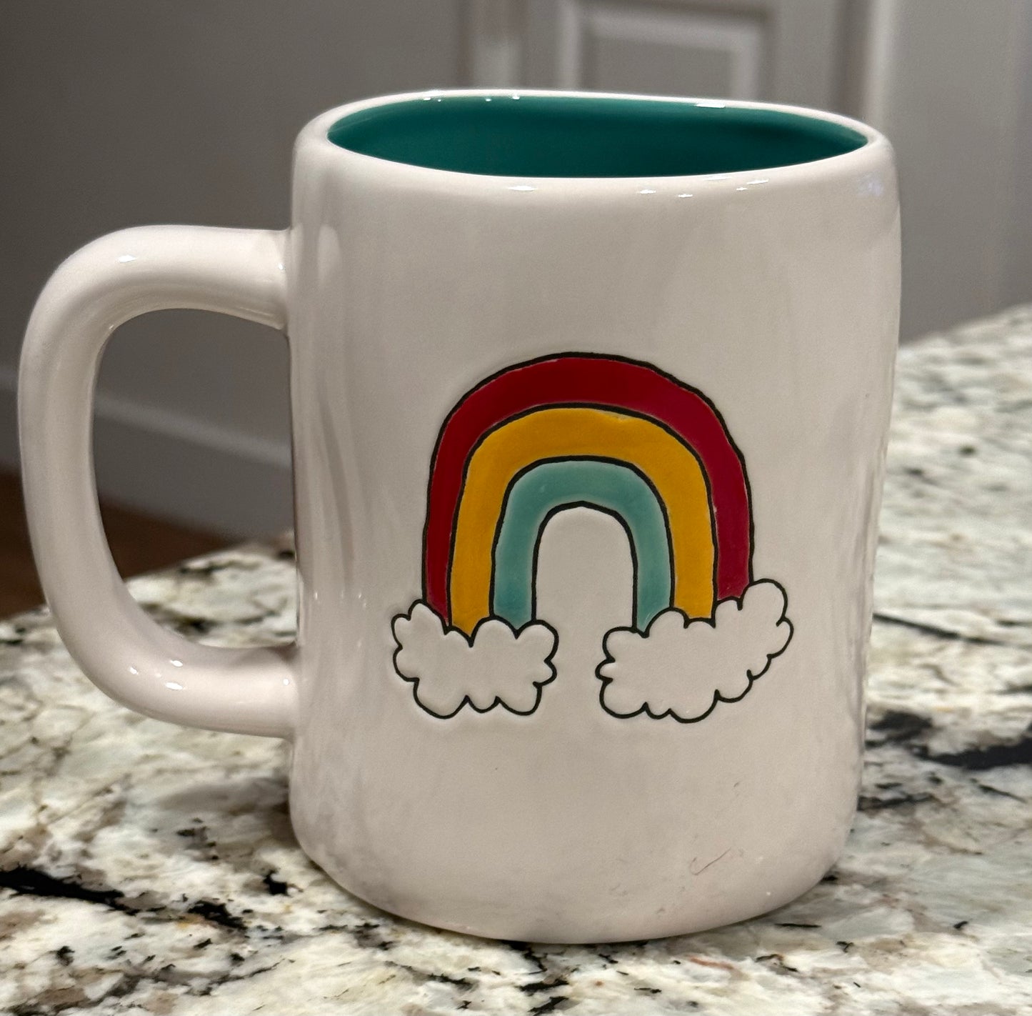 New Rae Dunn white ceramic coffee mug CHASING RAINBOWS