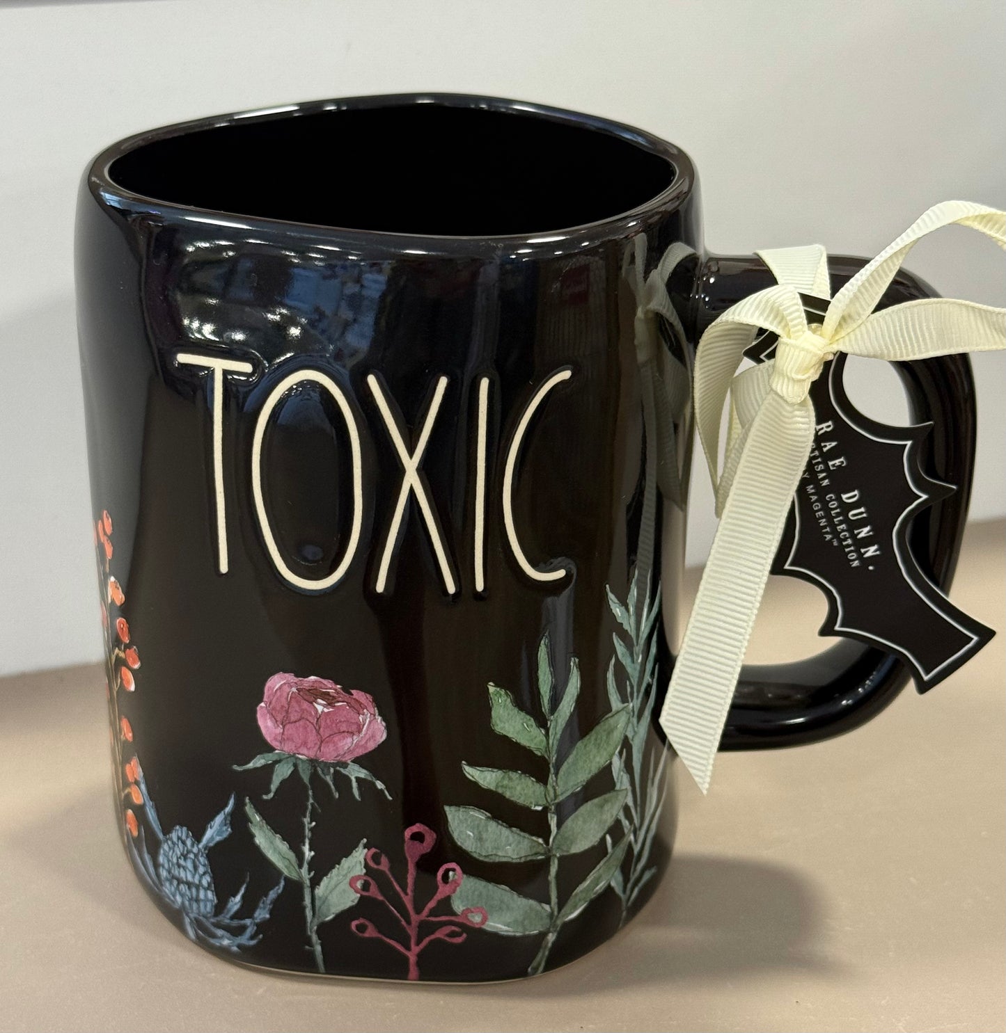 New Rae Dunn black floral iridescent Halloween coffee mug TOXIC