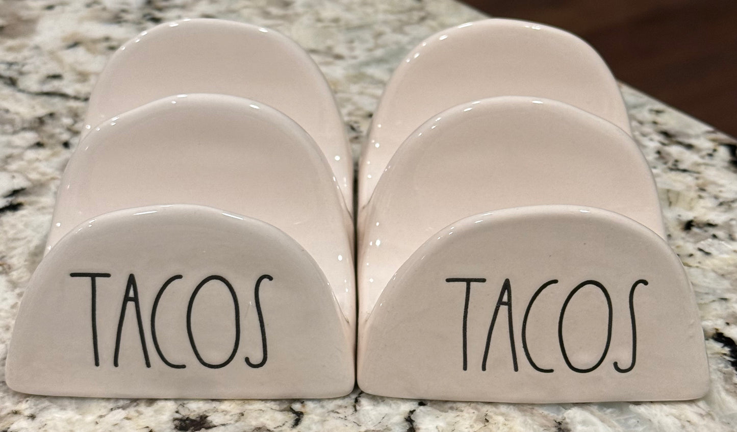 New Rae Dunn 2-piece white ceramic TACOS holder set
