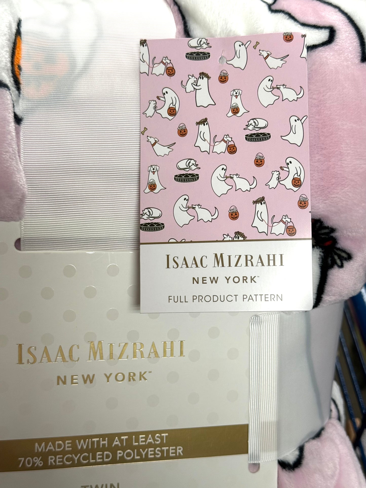 New Issac Mizrahi pink ghost walking dog twin size blanket bedding 60x90