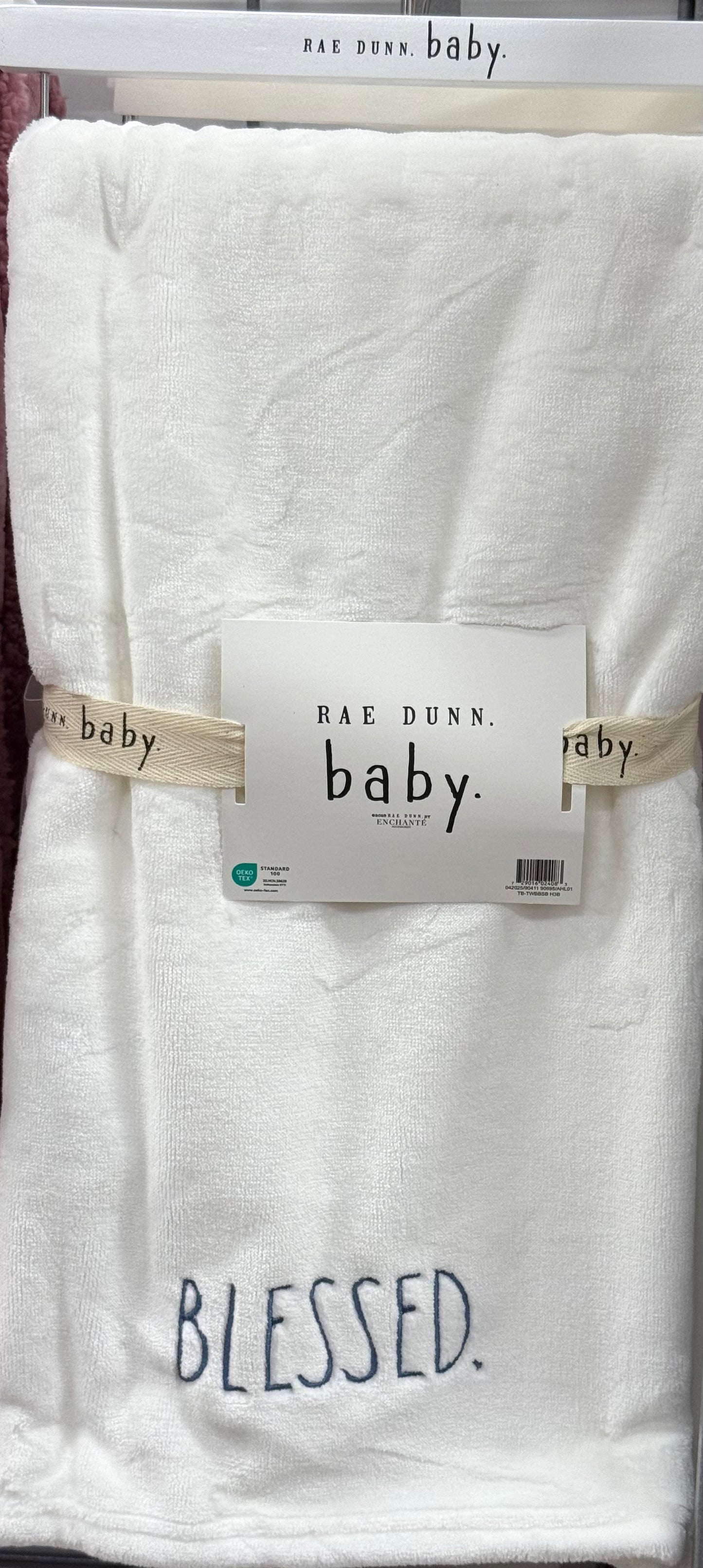 New Rae Dunn white 30x40 blue stitching BLESSED. baby blanket throw