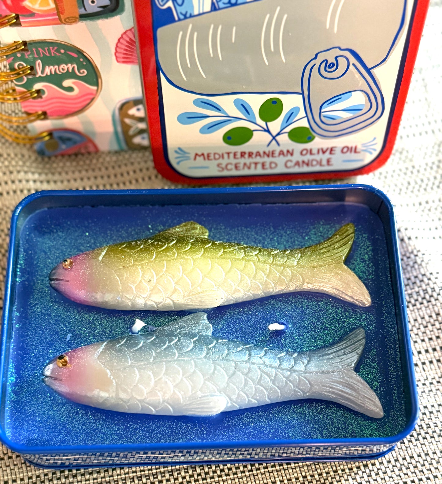 New Sardines printed spiral notebook & candle gift set
