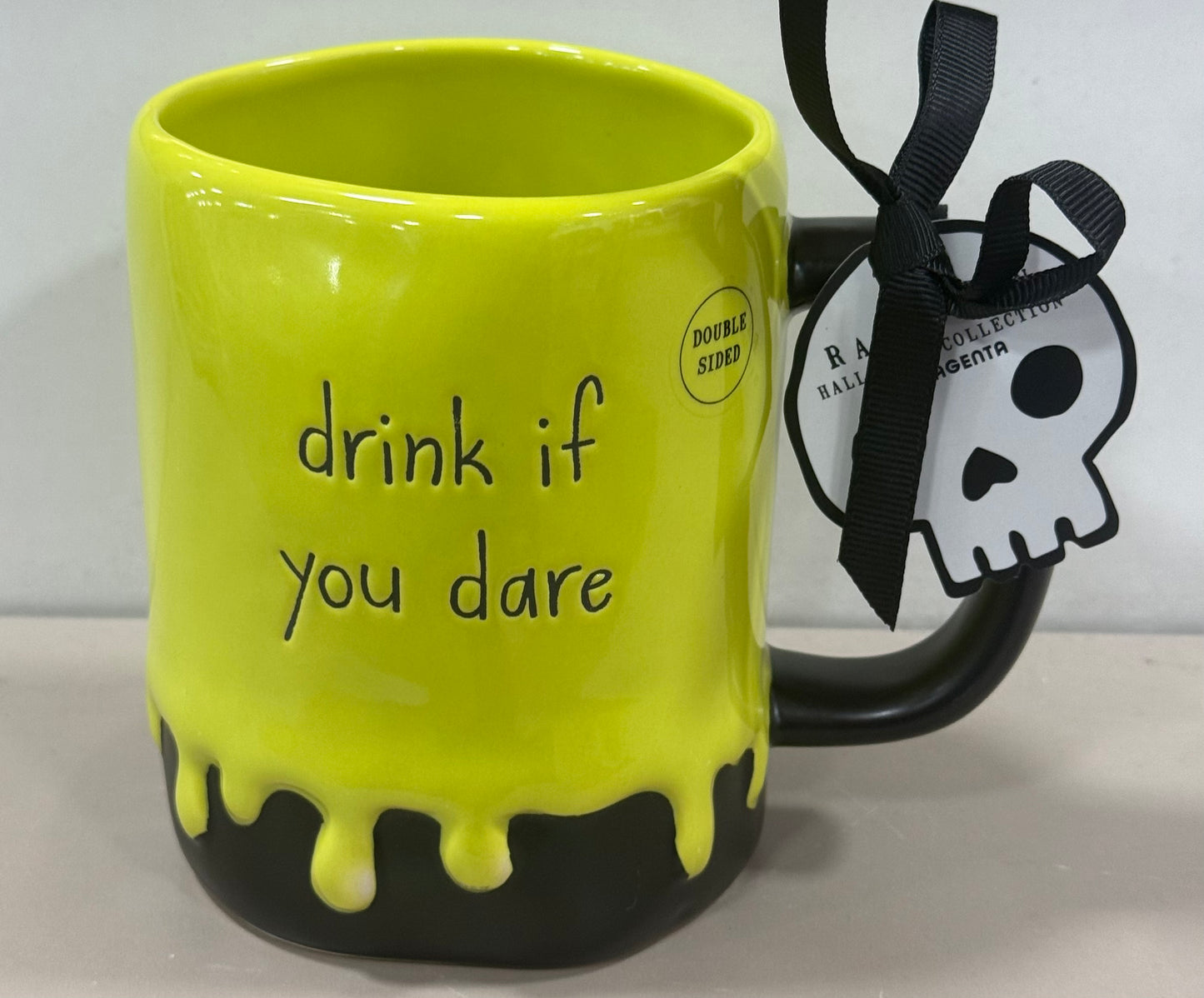 New Rae Dunn green drip ceramic Halloween coffee mug DRINK IF YOU DARE