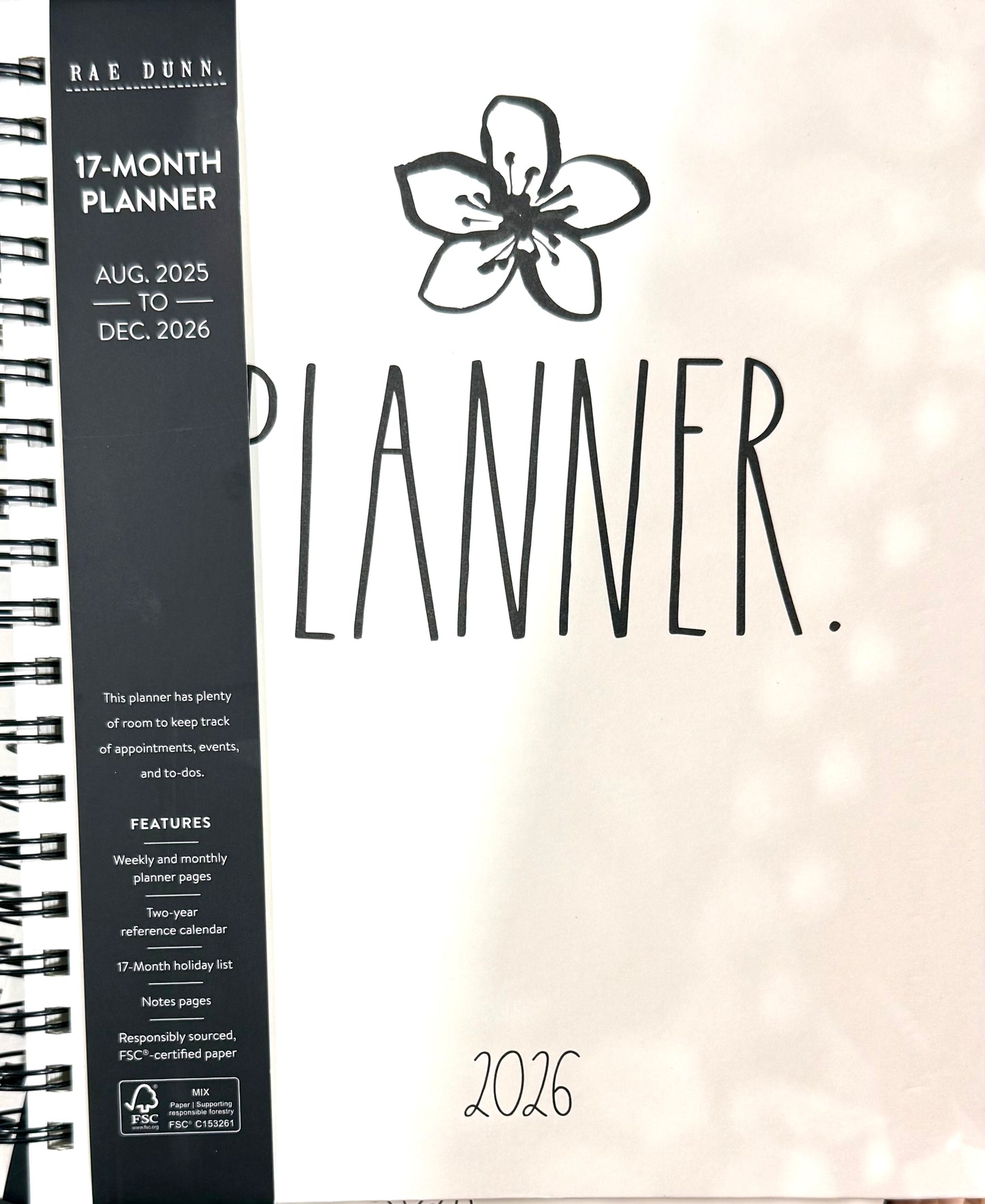 New Rae Dunn 2025/2026 Planner white/black Lily. Spiral bound, hardback