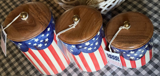 New Made in India ceramic 3-piece USA flag kitchen canister storage set July 4th patriotic decor 9,7,5”