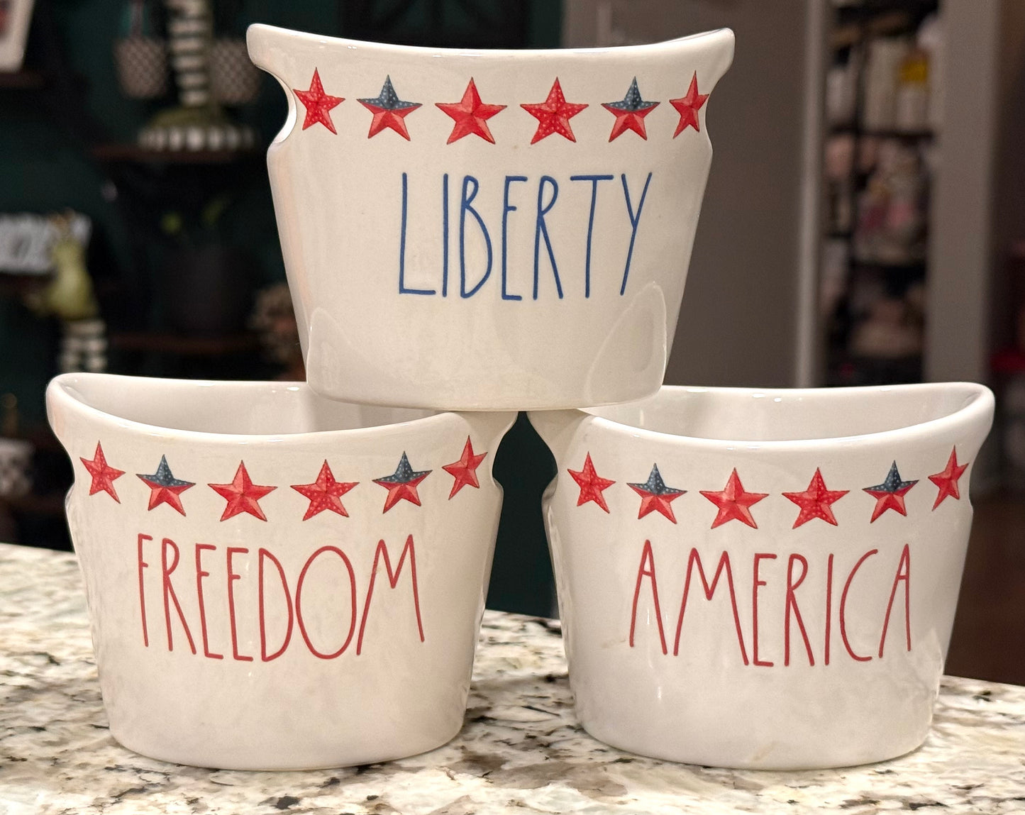 New Rae Dunn Americana white stars ceramic 3-piece ramekin set FREEDOM, LIBERTY, AMERICA