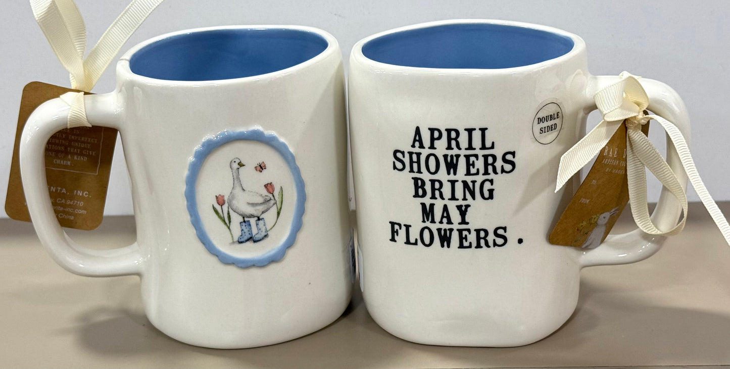 New Rae Dunn white ceramic coffee mug APRIL SHOWERS BRING MAY FLOWERS
