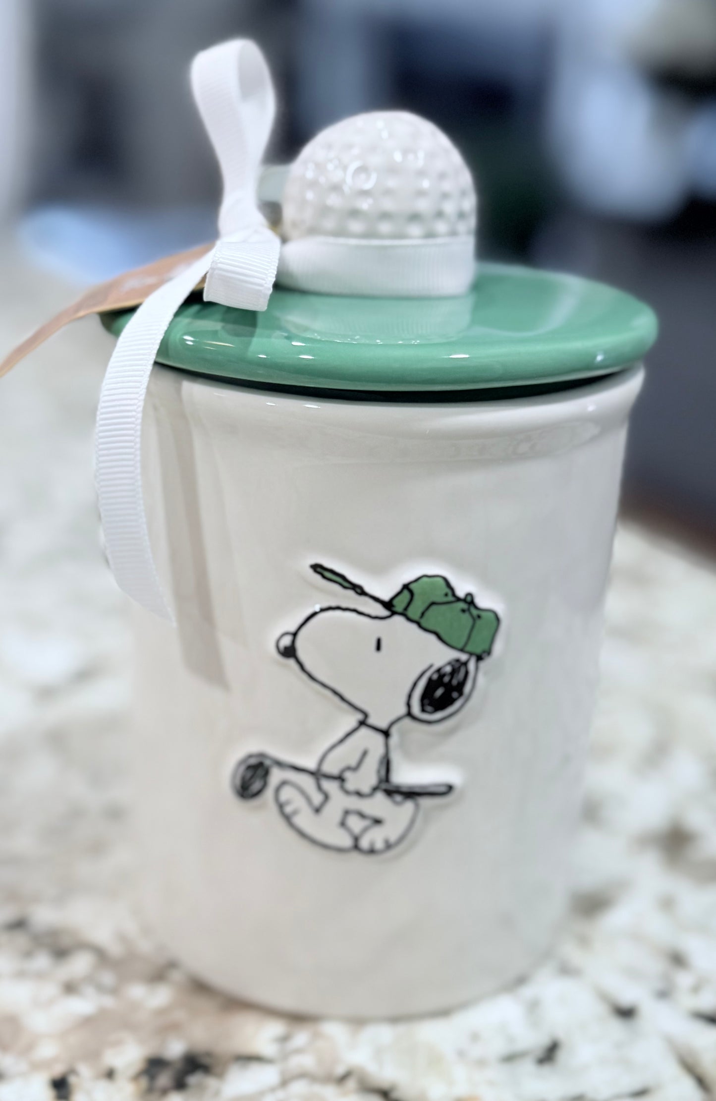 New Rae Dunn x Peanuts Snoopy white ceramic golf ball TEE TIME topped canister 5.75”