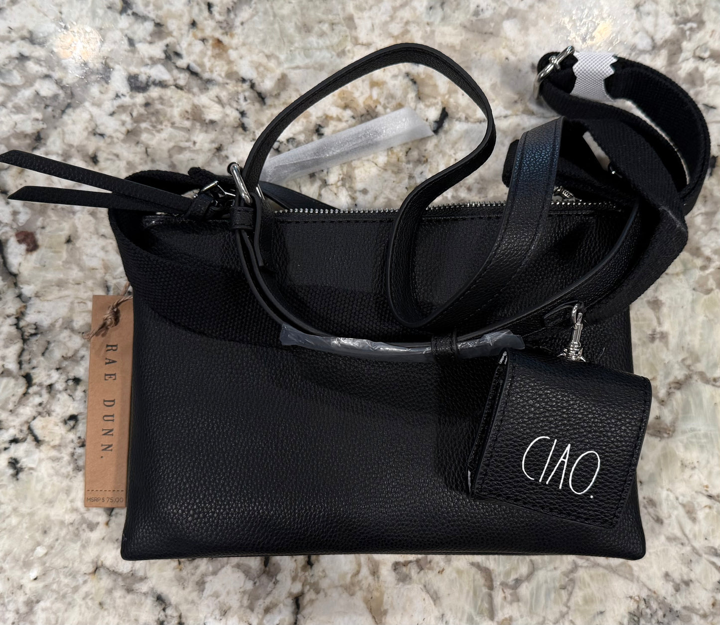New Rae Dunn faux black leather multi function crossbody purse/handbag CIAO. Canvas & leather strap included 10x6.5