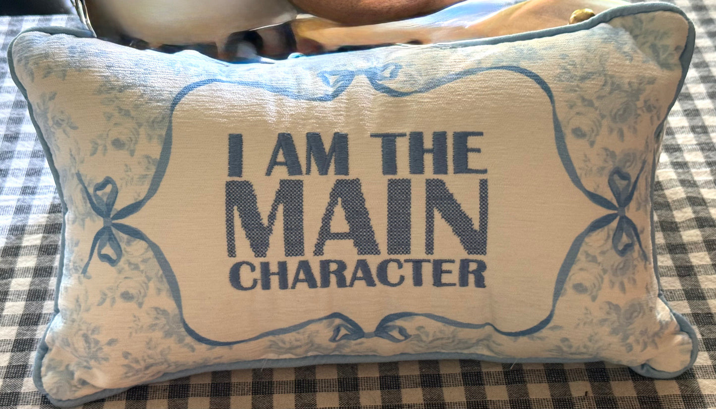 New 9x15 blue bow throw pillow decor knit cotton I AM THE MAIN CHARACTER