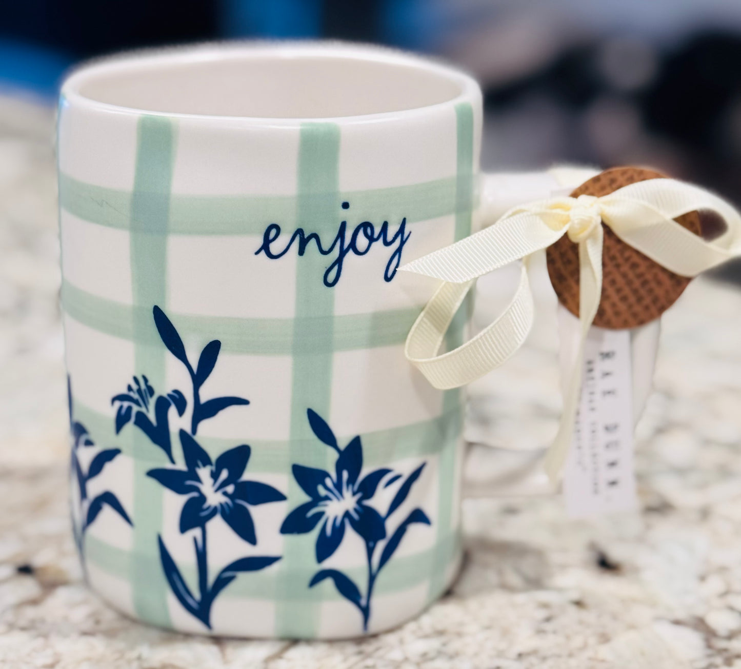 New Rae Dunn ceramic green plaid coffee mug ENJOY