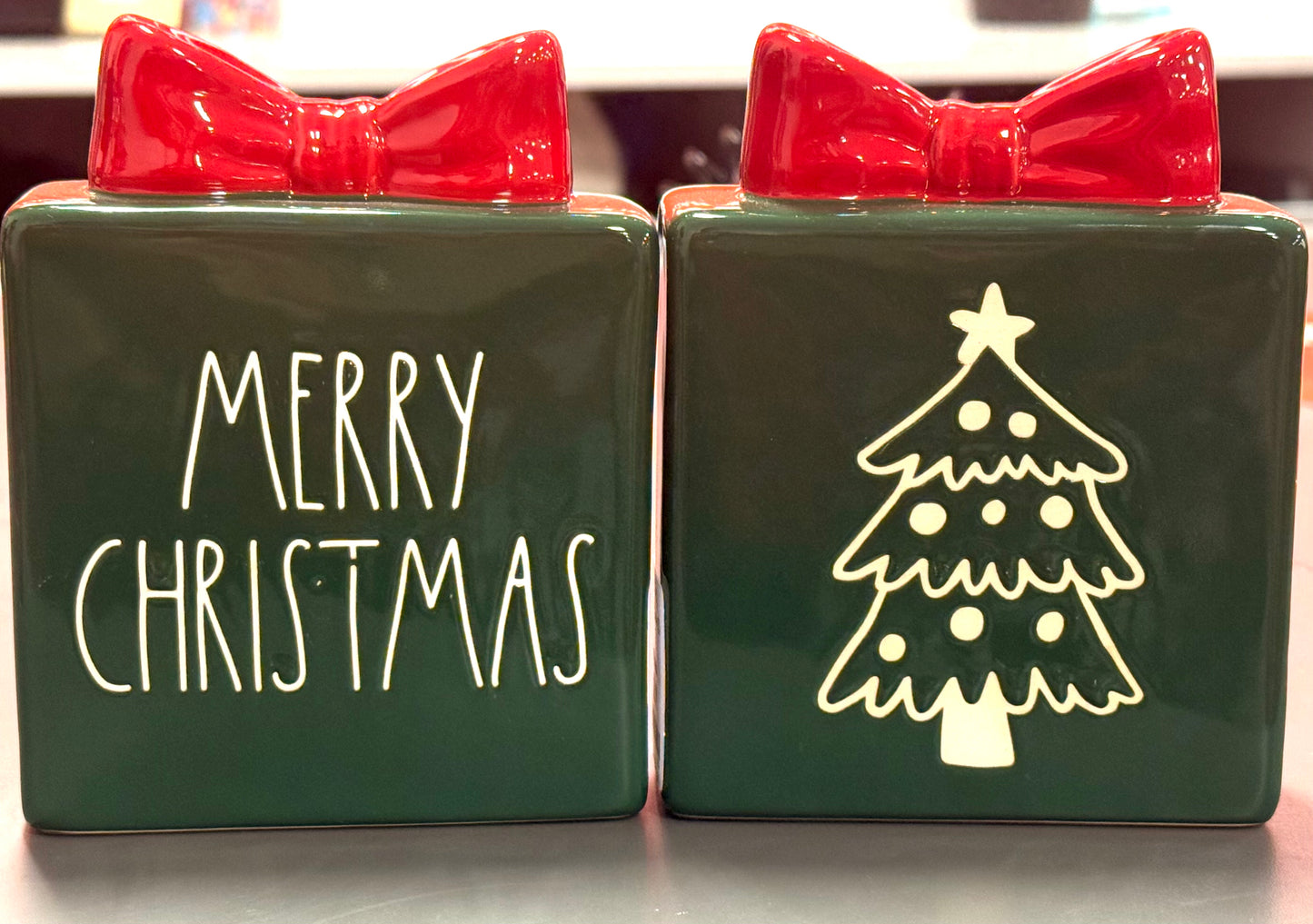 New Rae Dunn ceramic Christmas block decor MERRY CHRISTMAS bow topped