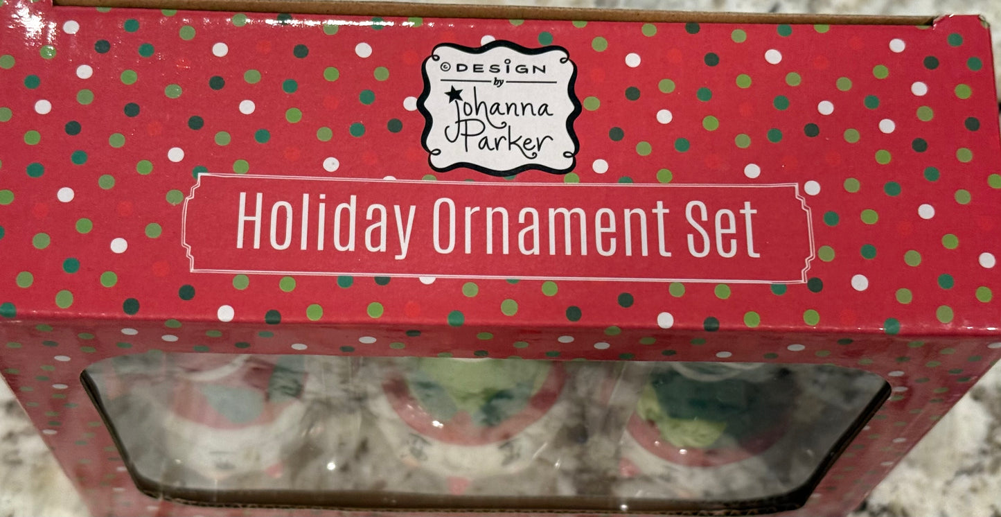 New Joanna Parker ceramic snowmen twirl ornament set