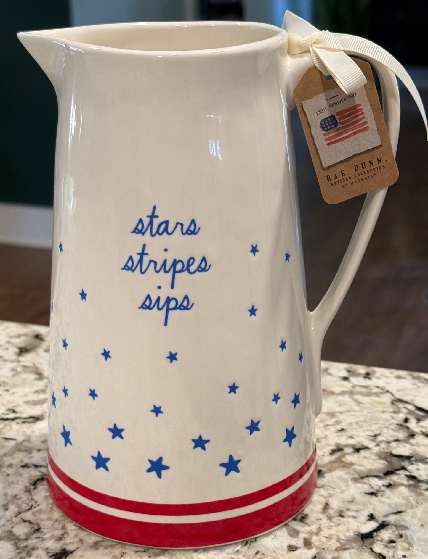 New Rae Dunn patriotic ceramic July 4th americana pitcher USA STARS STRIPES SIPS