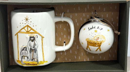 New Rae Dunn ceramic religious Christmas mug gift set with ornament LUKE 2:7