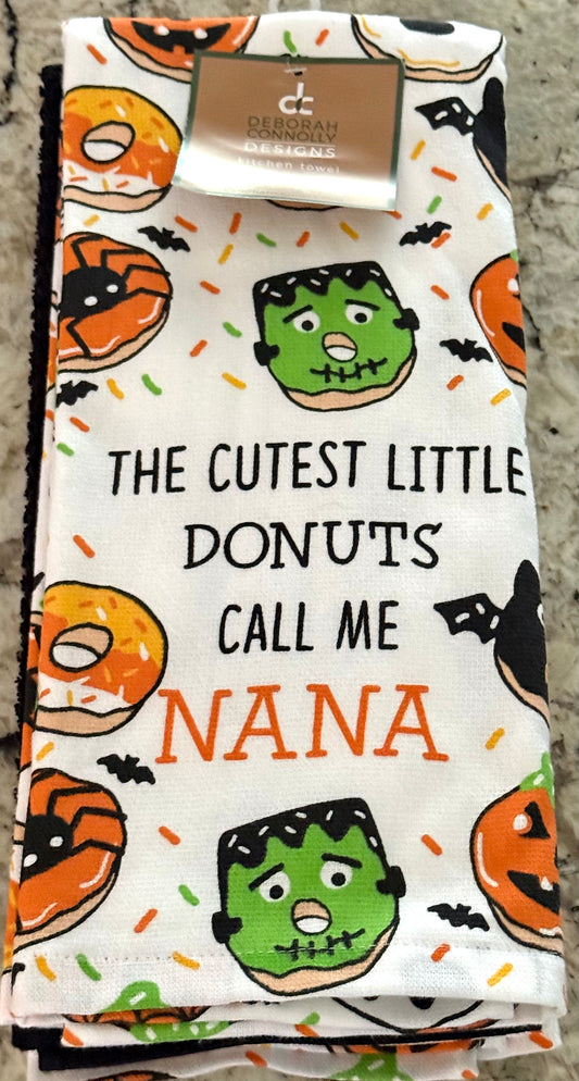 New 3-piece Deborah Connollly Designs THE CUTEST DONUTS CALL ME NANA halloween kitchen towel set