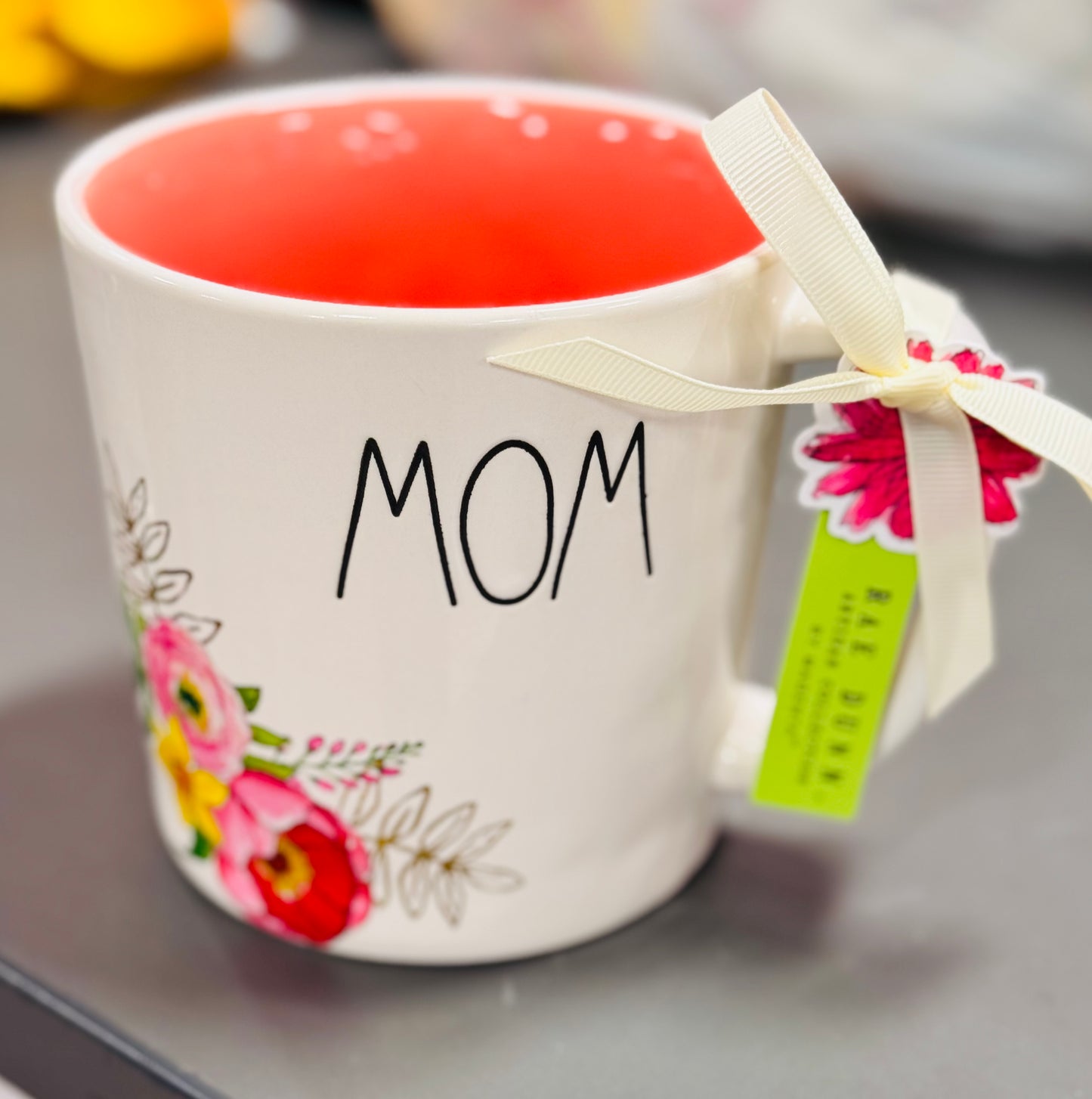 New Rae Dunn white ceramic floral coffee mug MOM pink interior