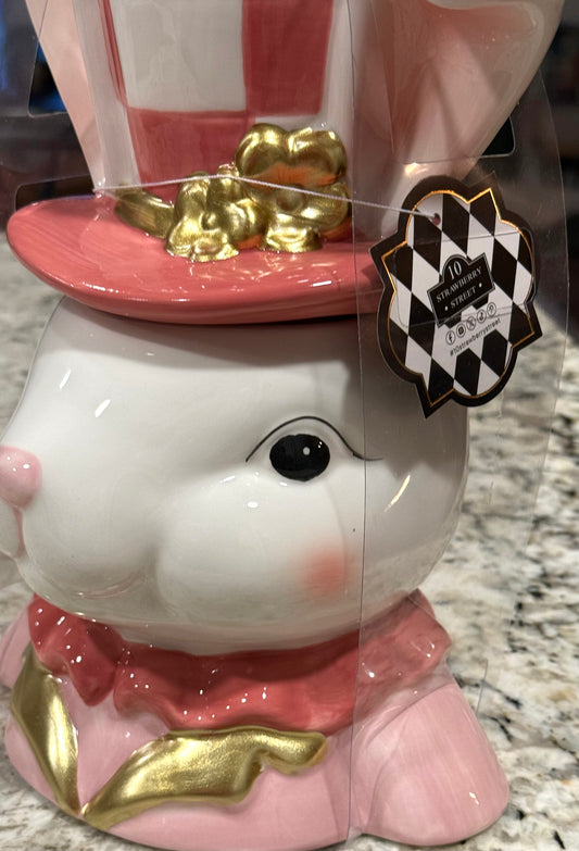 New pink check Strawberry Street Easter Bunny girl cookie jar decor 11x7.5