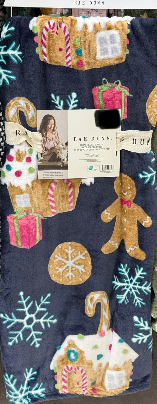 New Rae Dunn oversized blue gingerbread house/man blanket bedding 60x70