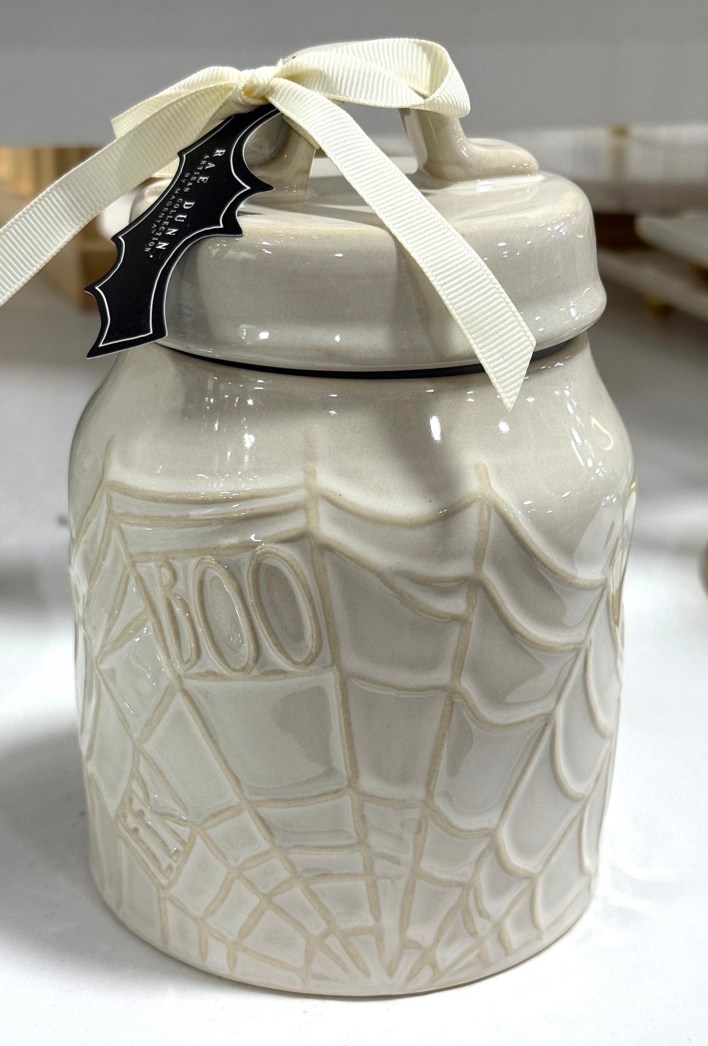 New Rae Dunn white ceramic canister 7” BOO! Spiderweb motif Halloween decor