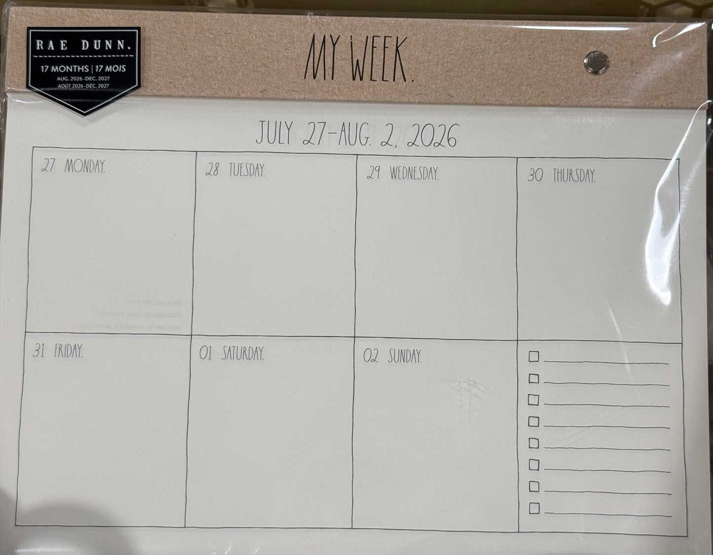 New Rae Dunn 8x10 weekly 2026-2027 gold MY WEEK tear off calendar